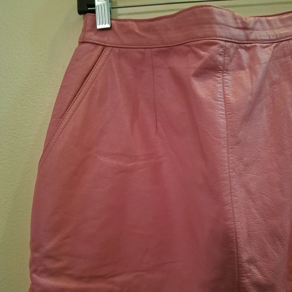 Vintage Pink Leather Pencil Skirt High Waisted Midi with Pockets Waist 30" - Picture 4 of 13